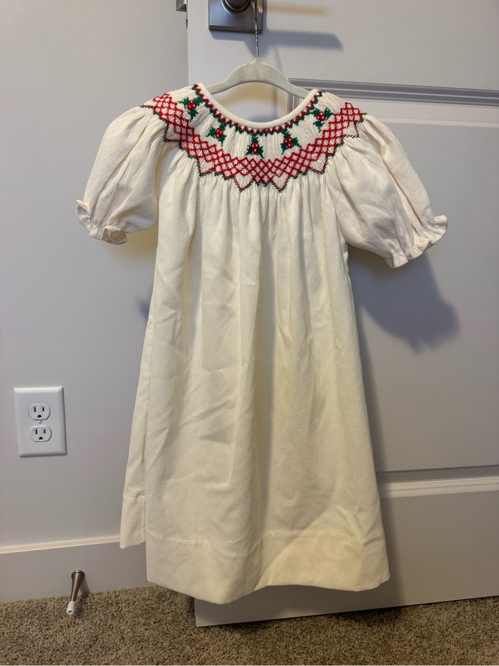 Boutique Cream Smocked Corduroy Girls Dress with Red & Green Embroidery